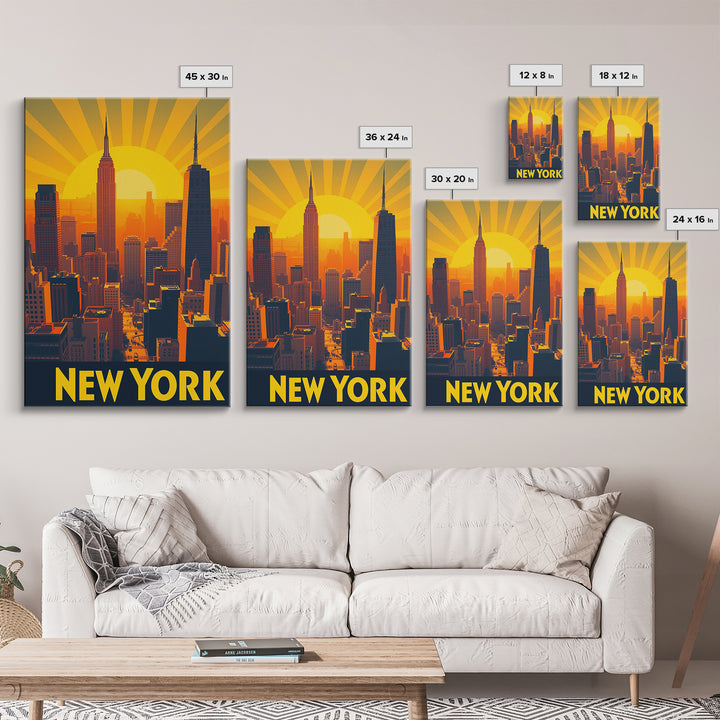 New York Travel Poster, Canvas Print, Golden Travel Poster Art, New York Art Print, Retro Travel Print, Wanderlust Decor, Travel Poster Set