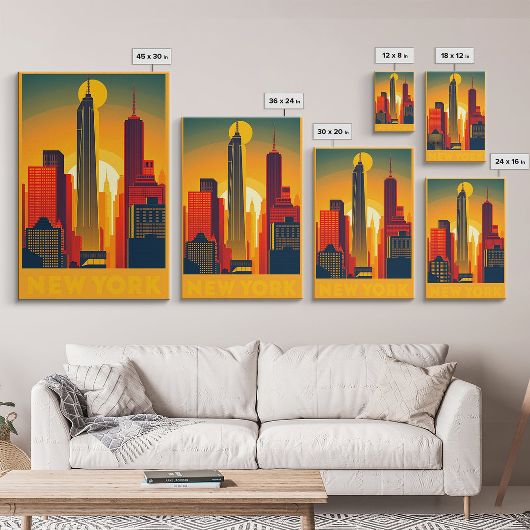 New York Travel Poster, Framed Canvas Print, Golden Travel Poster Art, New York Art Print, Vintage City Art, City Illustration