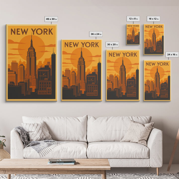 New York Travel Poster, Canvas Print, Warm Sunset Silhouette Art, New York Travel Art, Mid Century Wall Art, Modern Wall Decor