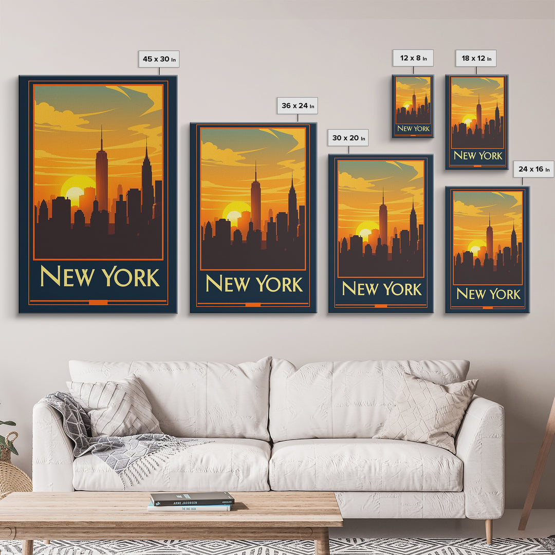 New York Travel Poster, Canvas Print, Warm Sunset Silhouette Art, New York Travel Art, Vintage Travel Art, Mid Century Wall Art