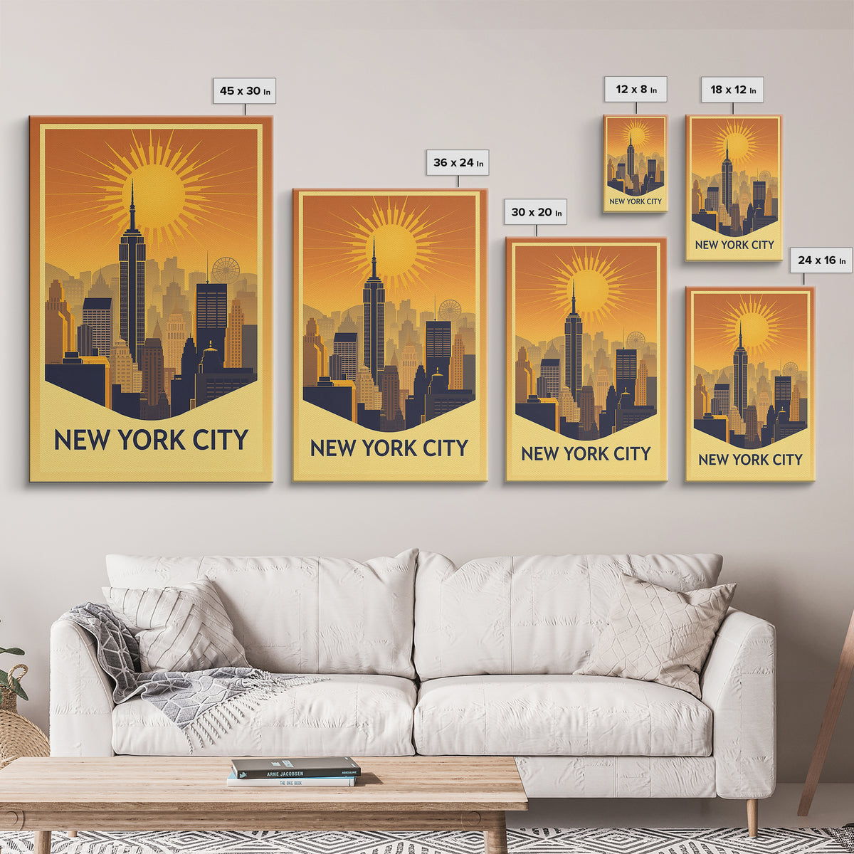 New York Travel Poster, Framed Canvas Print, Warm Sunset Silhouette Art, New York City Art, Travel Poster Set, Mid Century Wall Art