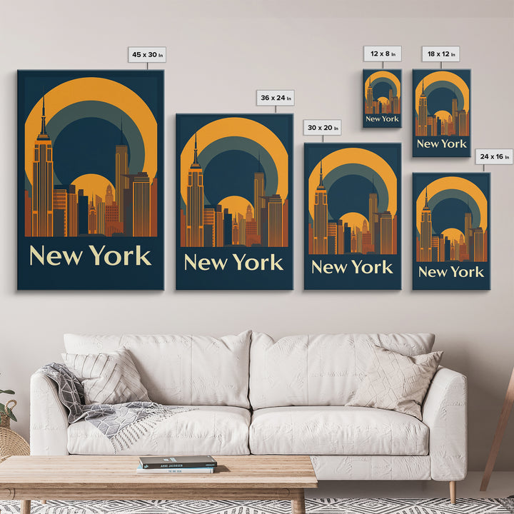New York Travel Poster, Framed Canvas Print, Warm Sunset Silhouette Art, New York Poster Print, Vintage City Poster, City Travel Prints