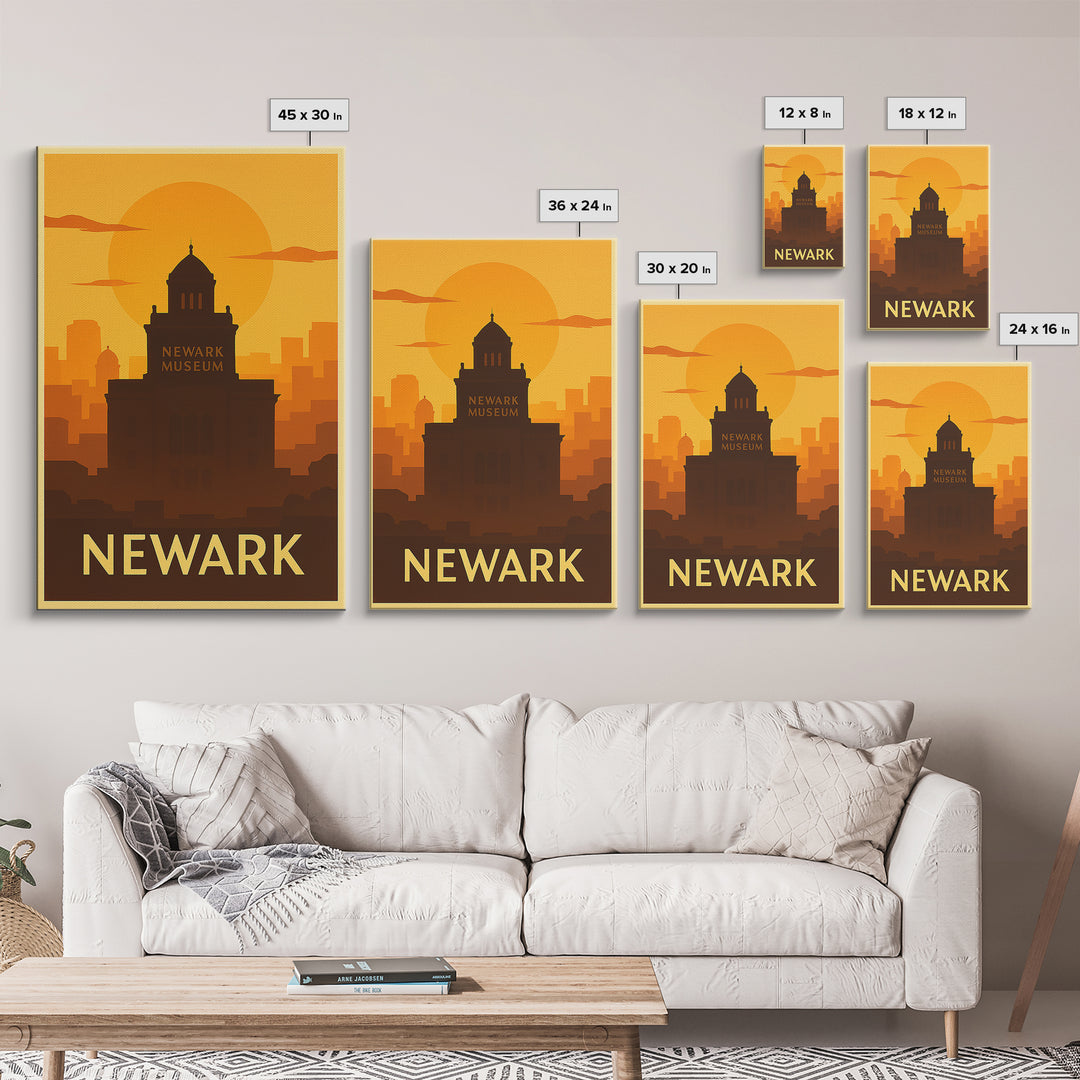 Newark Travel Poster, Framed Canvas Print, Warm Sunset Silhouette Art, Newark City Art, Home Office Decor, Gift For Travelers, Design 2