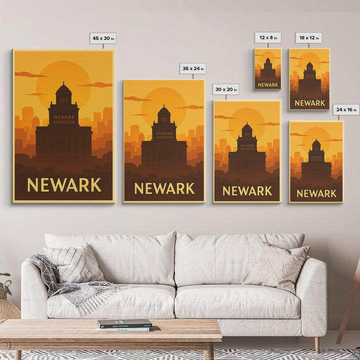 Newark Travel Poster, Framed Canvas Print, Warm Sunset Silhouette Art, Newark City Art, Home Office Decor, Gift For Travelers, Design 2