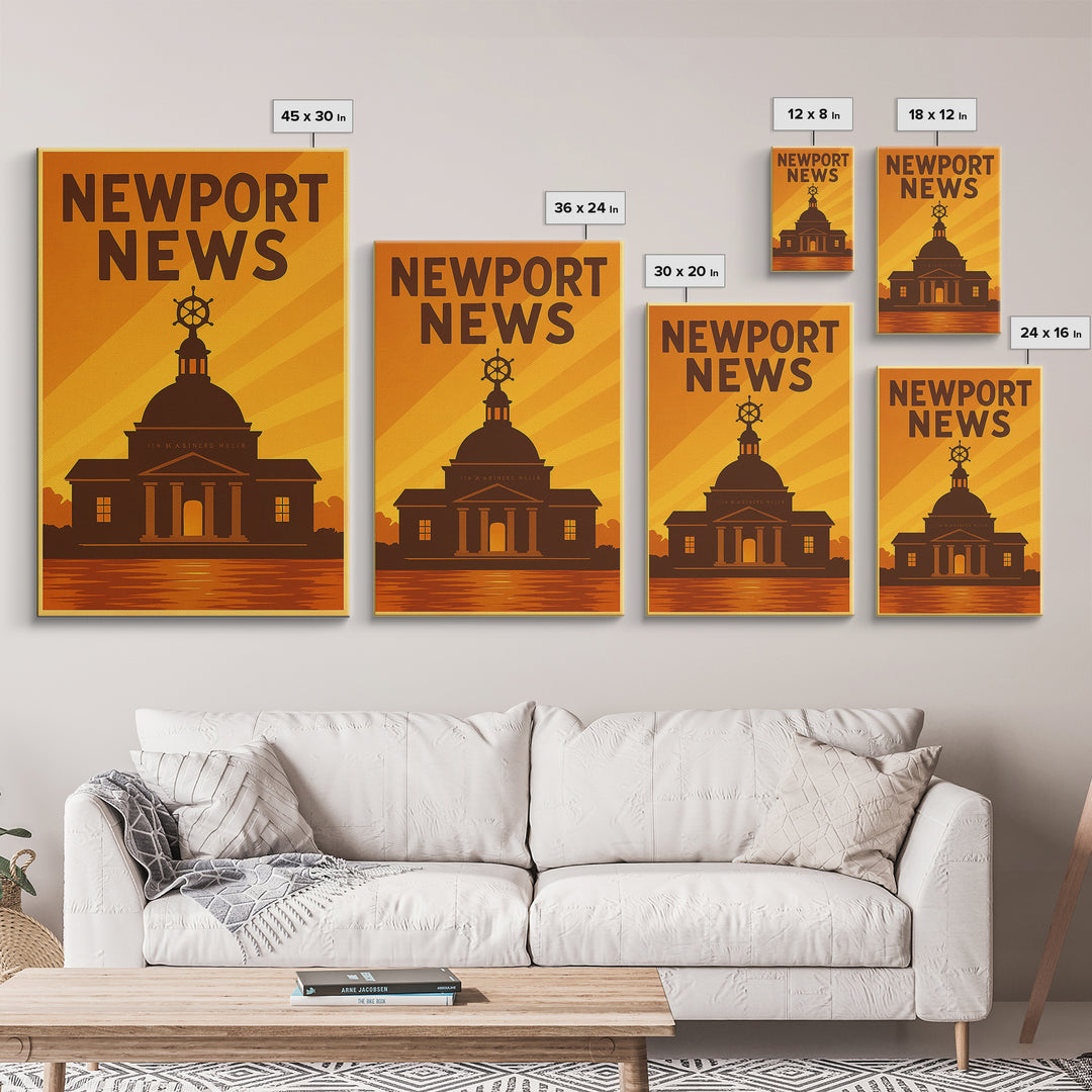 Newport News Virginia Travel Poster, Canvas Print, Warm Sunset Silhouette Art, Newport News Art Print, Vintage City Art, Retro Travel Print