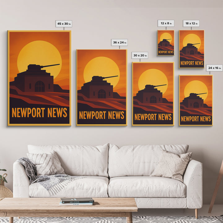 Newport News Travel Poster, Framed Canvas Print, Warm Sunset Silhouette Art, Newport News City Art, Travel Wall Decor, City Illustration