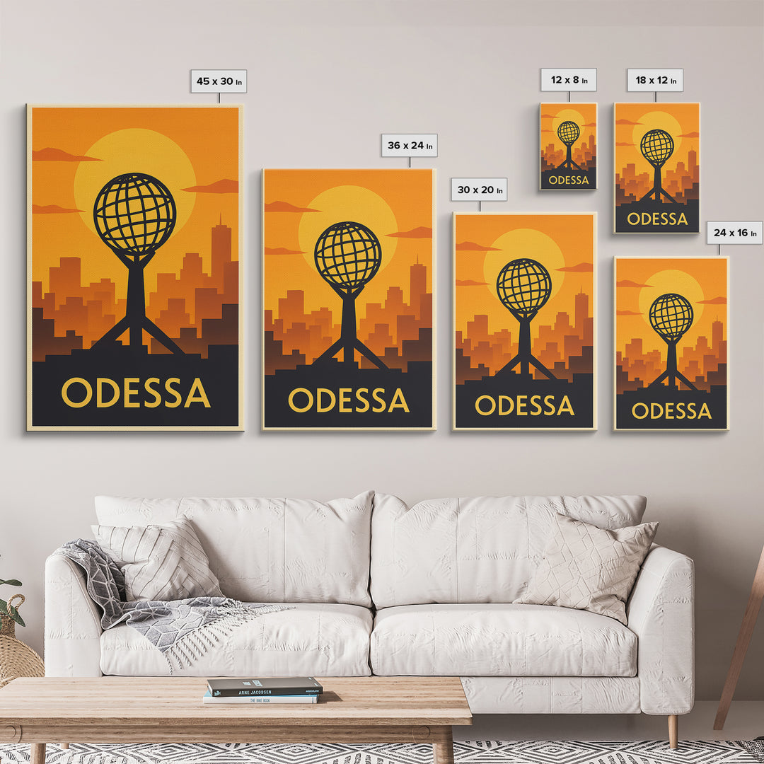 Odessa Travel Poster, Framed Canvas Print, Warm Sunset Silhouette Art, Odessa Poster Print, City Travel Prints, Retro Travel Print