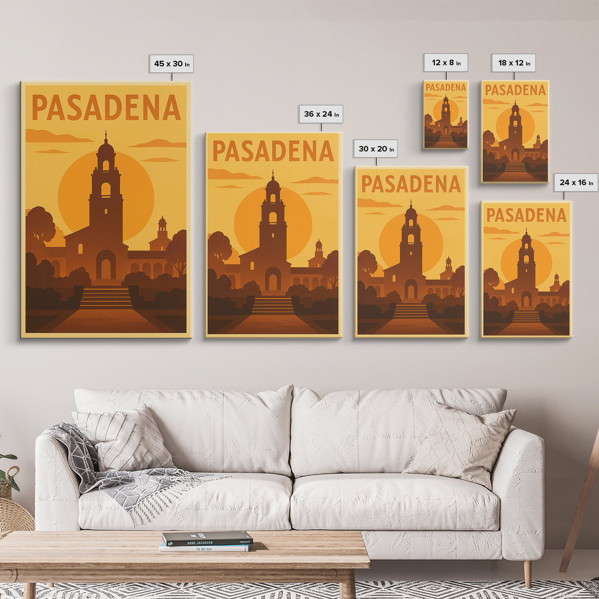 Pasadena Travel Poster, Framed Canvas Print, Gold Art Deco Poster Art, Pasadena City Art, Wanderlust Decor, City Travel Prints