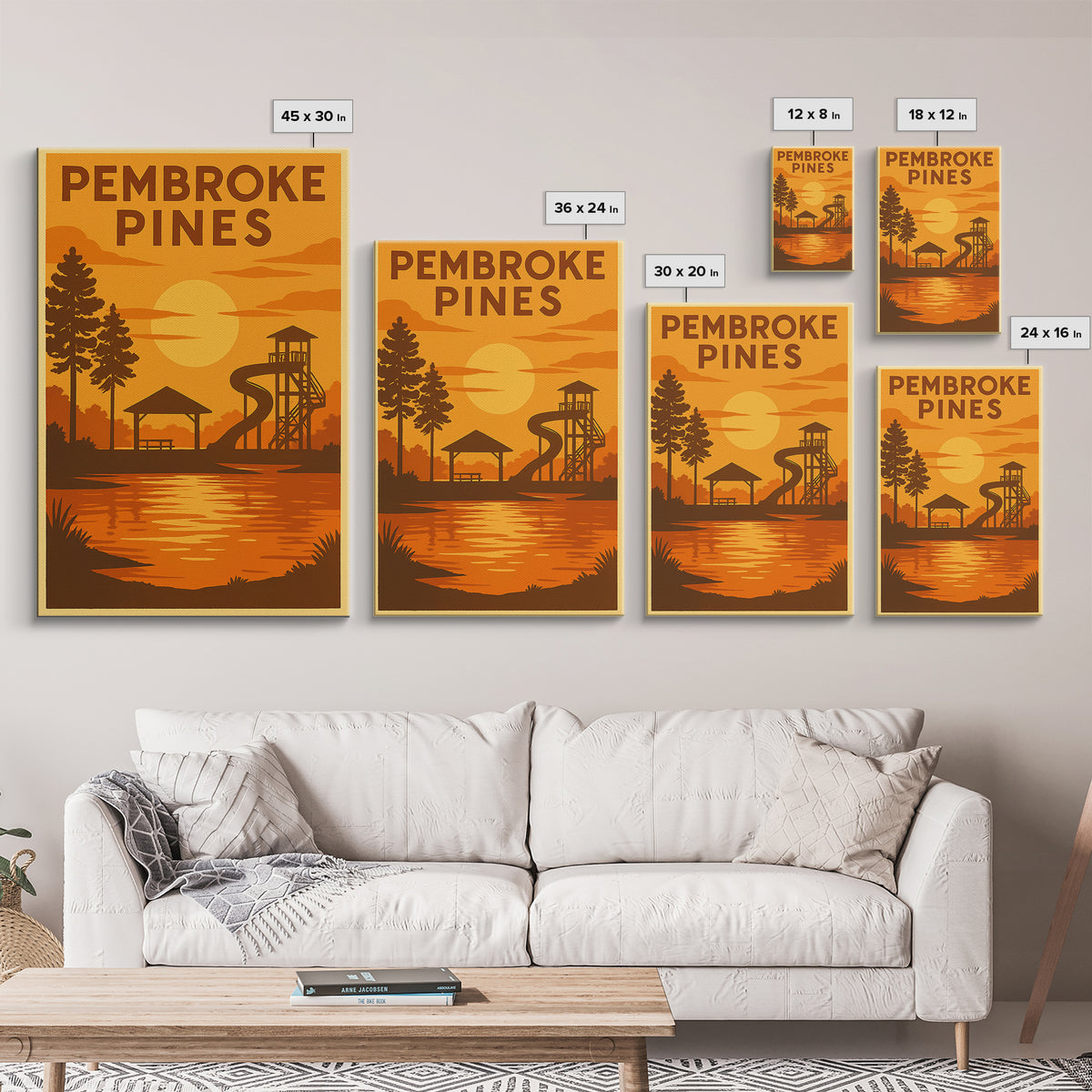 Pembroke Pines Florida Travel Poster, Canvas Print, Warm Sunset Silhouette Art, Pembroke Pines Wall Art, Retro Travel Print, City Poster