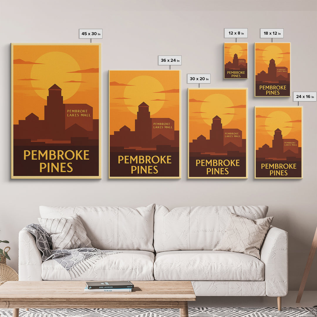 Pembroke Pines Travel Poster, Framed Canvas Print, Warm Sunset Silhouette Art, Pembroke Pines City Art, City Art Print, City Illustration