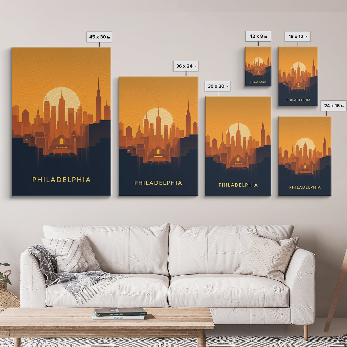 Philadelphia Travel Poster, Framed Canvas Print, Warm Sunset Silhouette Art, Philadelphia Travel Art, Modern Wall Decor, Travel Wall Art