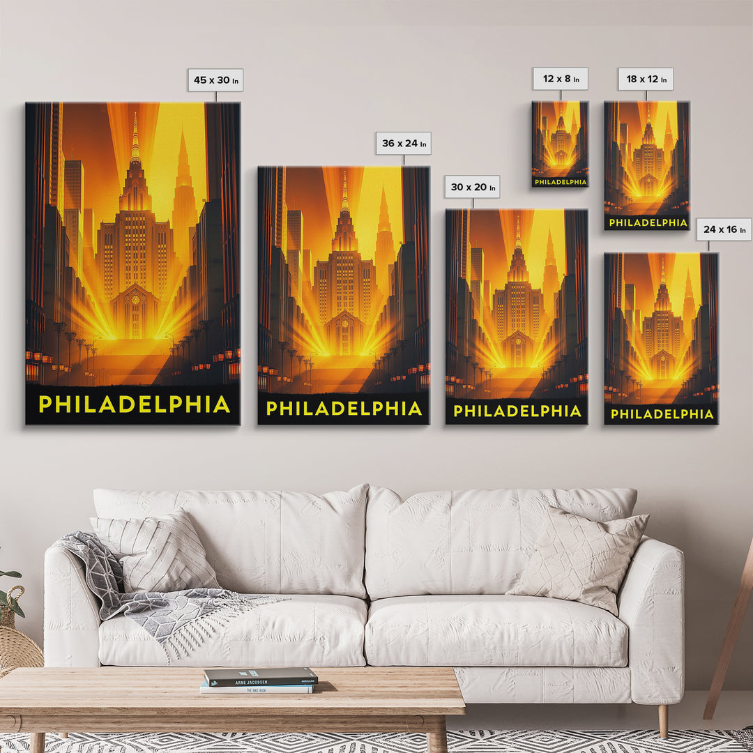 Philadelphia Travel Poster, Framed Canvas Print, Gold Art Deco Poster Art, Philadelphia City Art, Travel Art Print, Vintage City Poster