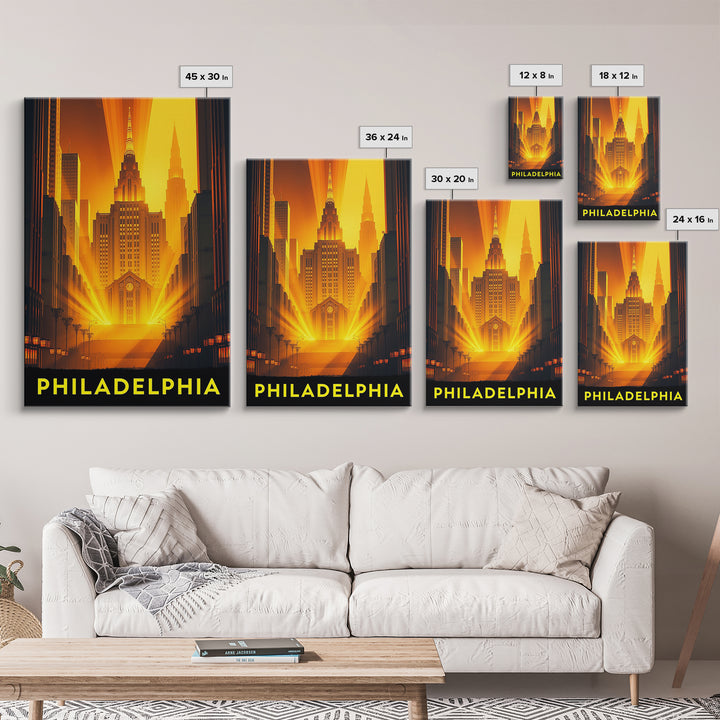 Philadelphia Travel Poster, Framed Canvas Print, Gold Art Deco Poster Art, Philadelphia City Art, Travel Art Print, Vintage City Poster