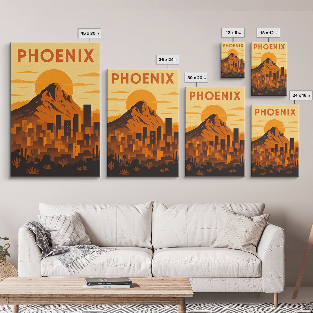Phoenix Arizona Travel Poster, Framed Canvas Print, Gold Art Deco Poster Art, Phoenix Poster Print, City Travel Prints, Watercolor Skyline