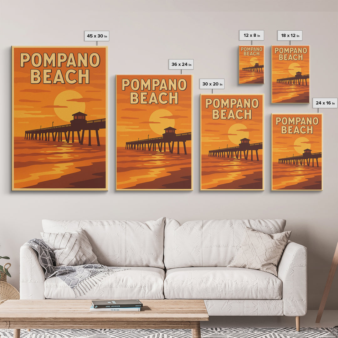 Pompano Beach Florida Travel Poster, Canvas Print, Golden Travel Poster Art, Pompano Beach Wall Art, Travel Poster Set, Vintage City Art