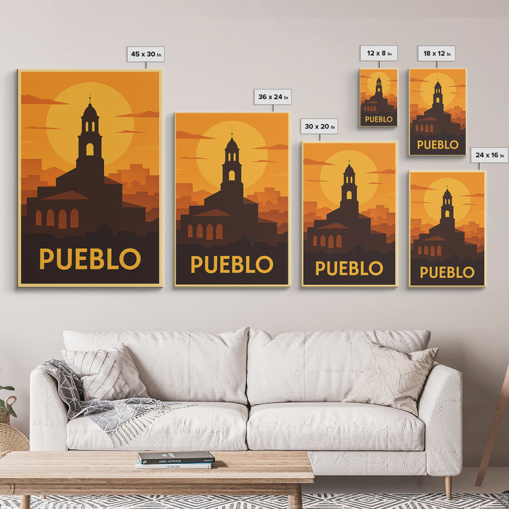 Pueblo Travel Poster, Framed Canvas Print, Gold Art Deco Poster Art, Pueblo City Art, Travel Wall Decor, Home Office Decor, Travel Print
