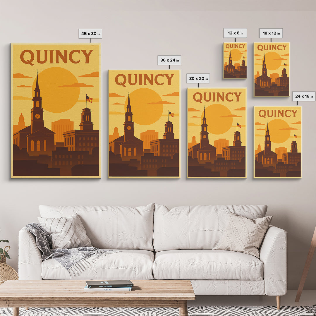 Quincy Massachusetts Travel Poster, Canvas Print, Warm Sunset Silhouet ...