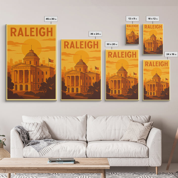Raleigh North Carolina Travel Poster, Canvas Print, Warm Sunset Silhouette Art, Raleigh City Art, Gift For Travelers, Vintage Travel Art