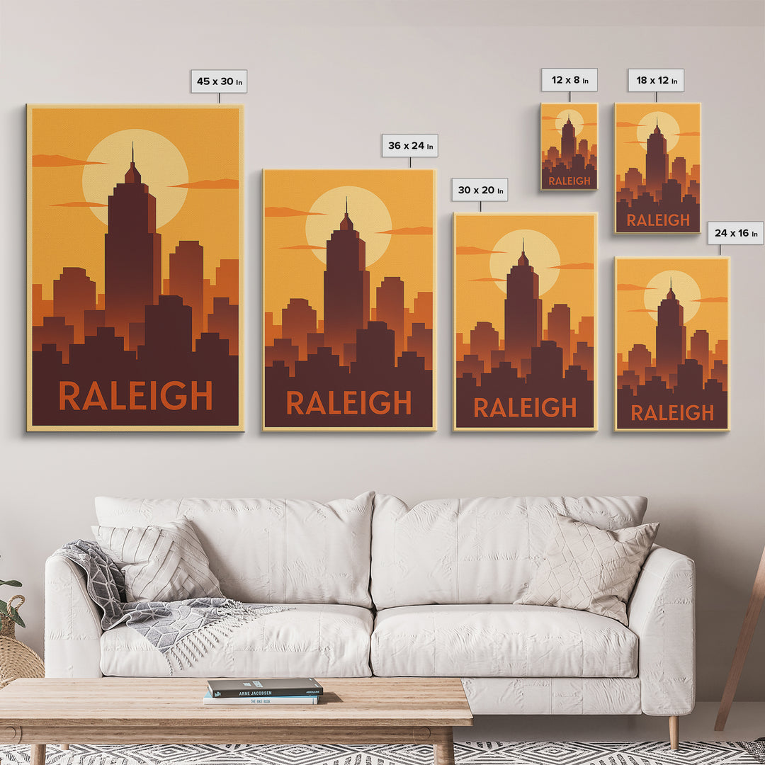 Raleigh Travel Poster, Framed Canvas Print, Golden Travel Poster Art, Raleigh Travel Art, Living Room Wall Art, City Travel Prints