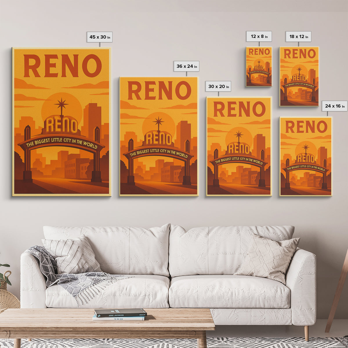 Reno Nevada Travel Poster, Canvas Print, Warm Sunset Silhouette Art, Reno Wall Art, City Art Print, Mid Century Wall Art, City Illustration