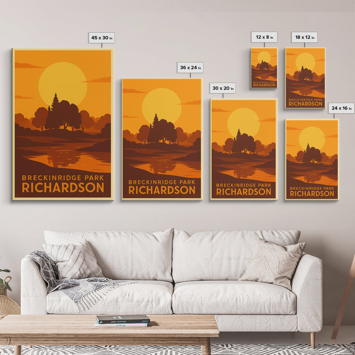 Richardson Travel Poster, Canvas Print, Warm Sunset Silhouette Art, Richardson Travel Art, Watercolor Skyline Art, Mid Century Wall Art