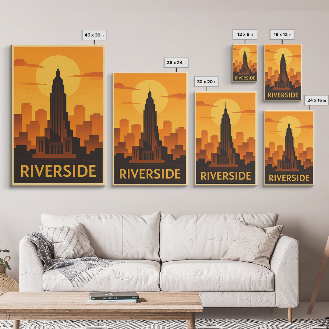 Riverside Travel Poster, Canvas Print, Warm Sunset Silhouette Art, Riverside Art Print, Modern Wall Decor, Travel Art Print, Home Decor
