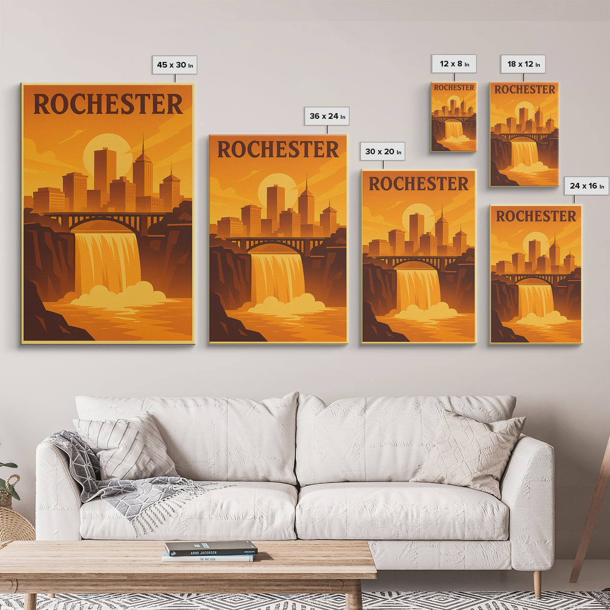 Rochester New York Travel Poster, Canvas Print, Warm Sunset Silhouette Art, Rochester Wall Art, Poster Art, City Illustration, Retro Poster