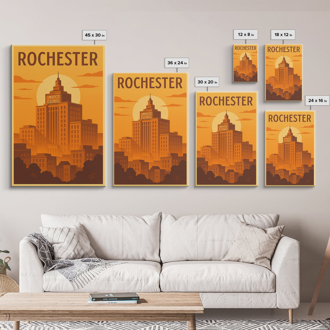 Rochester Travel Poster, Framed Canvas Print, Warm Sunset Silhouette Art, Rochester Art Print, Home Office Decor, Mid Century Wall Art