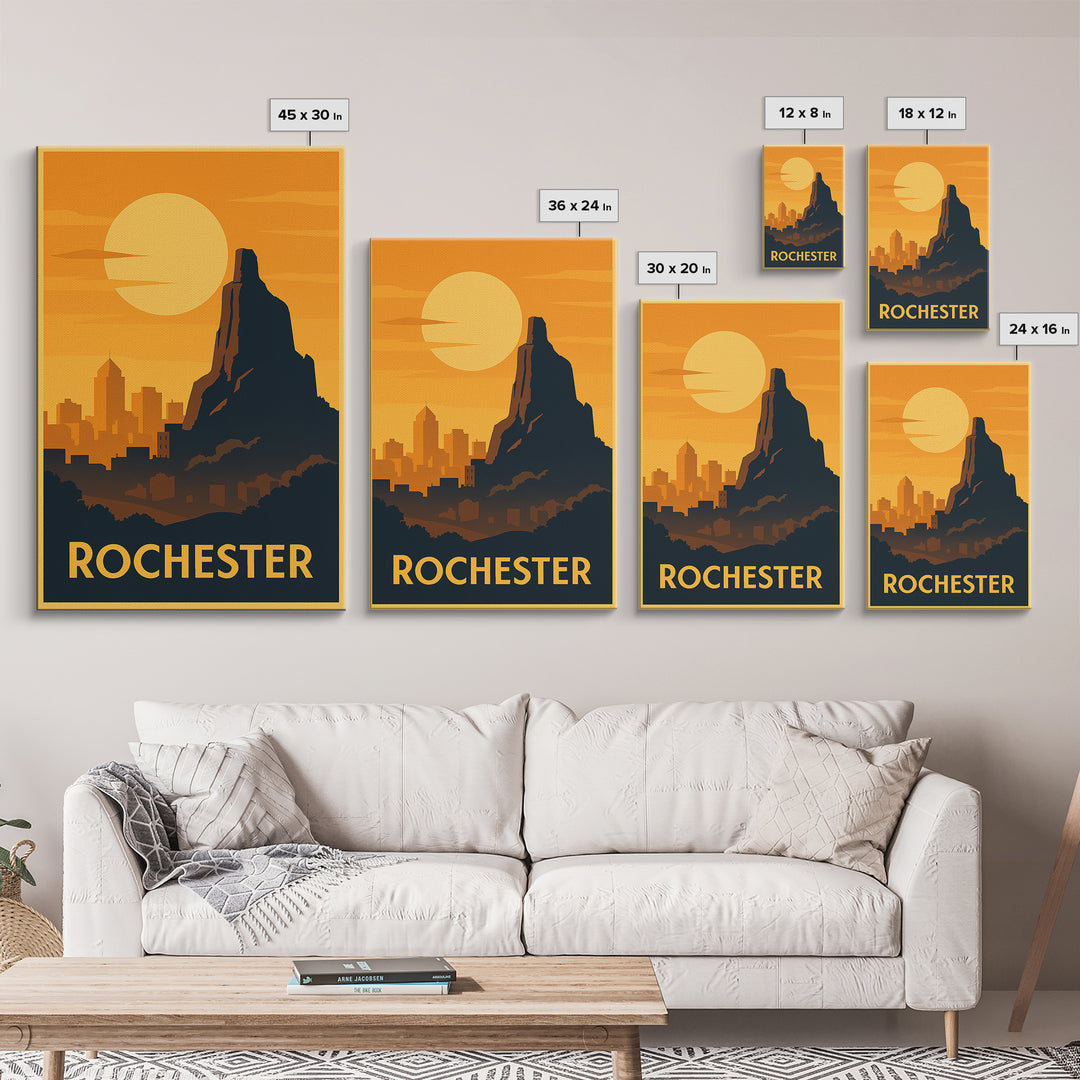 Rochester Travel Poster, Framed Canvas Print, Warm Sunset Silhouette Art, Rochester Travel Art, Living Room Wall Art, Vintage City Poster