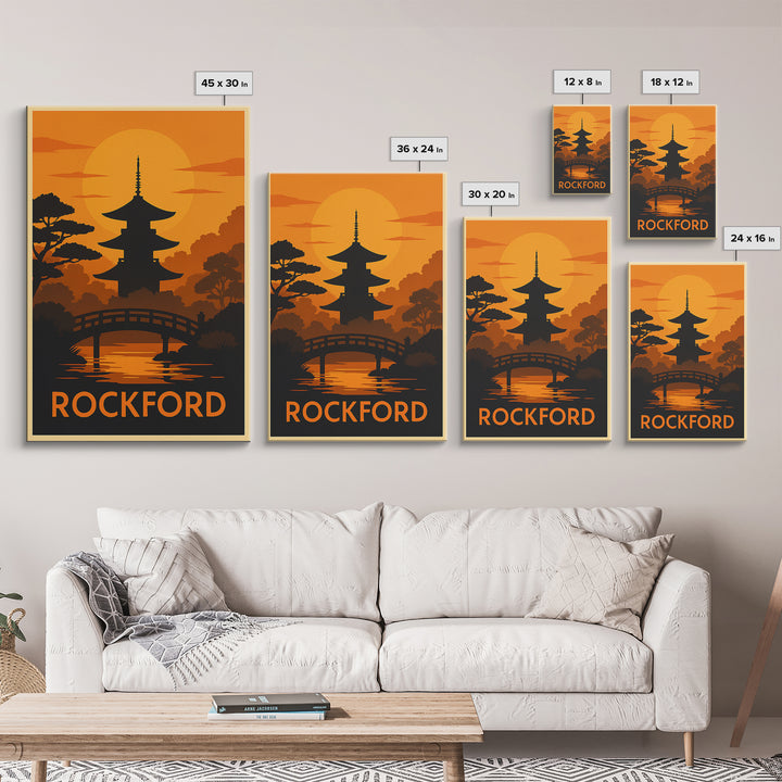 Rockford Travel Poster, Framed Canvas Print, Golden Travel Poster Art, Rockford City Art, Mid Century Wall Art, Travel Poster Set