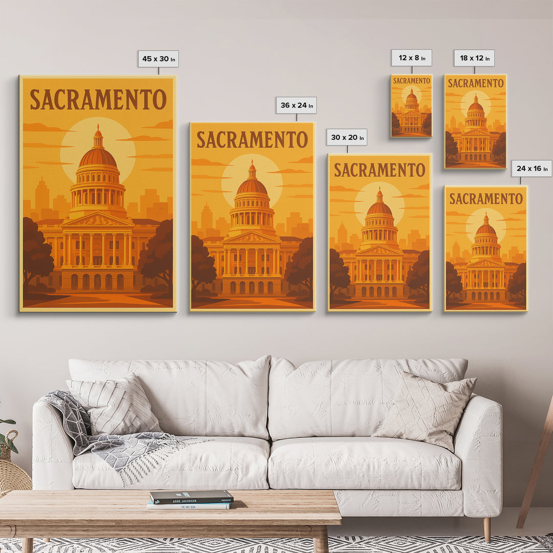 Sacramento California Travel Poster, Canvas Print, Golden Travel Poster Art, Sacramento Travel Art, Wall Art, Watercolor Downtown Skyline