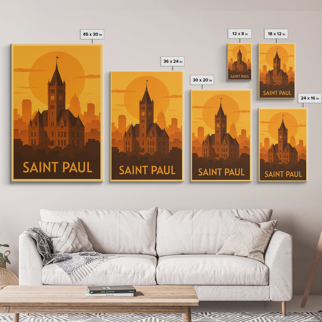 Saint Paul Travel Poster, Framed Canvas Print, Warm Sunset Silhouette Art, Saint Paul City Art, Travel Poster Set, Travel Poster Art