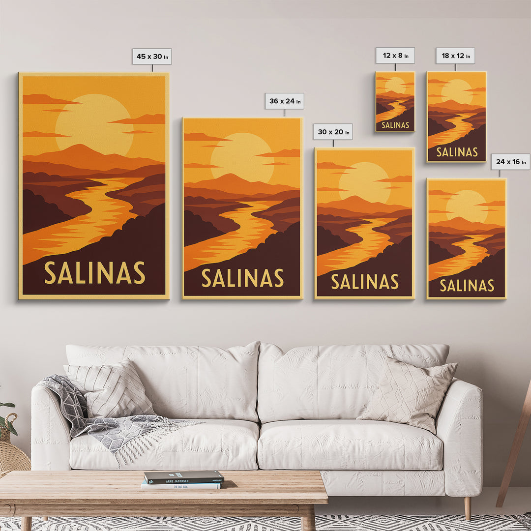 Salinas Travel Poster, Framed Canvas Print, Golden Travel Poster Art, Salinas Poster Print, City Illustration, Vintage City Art