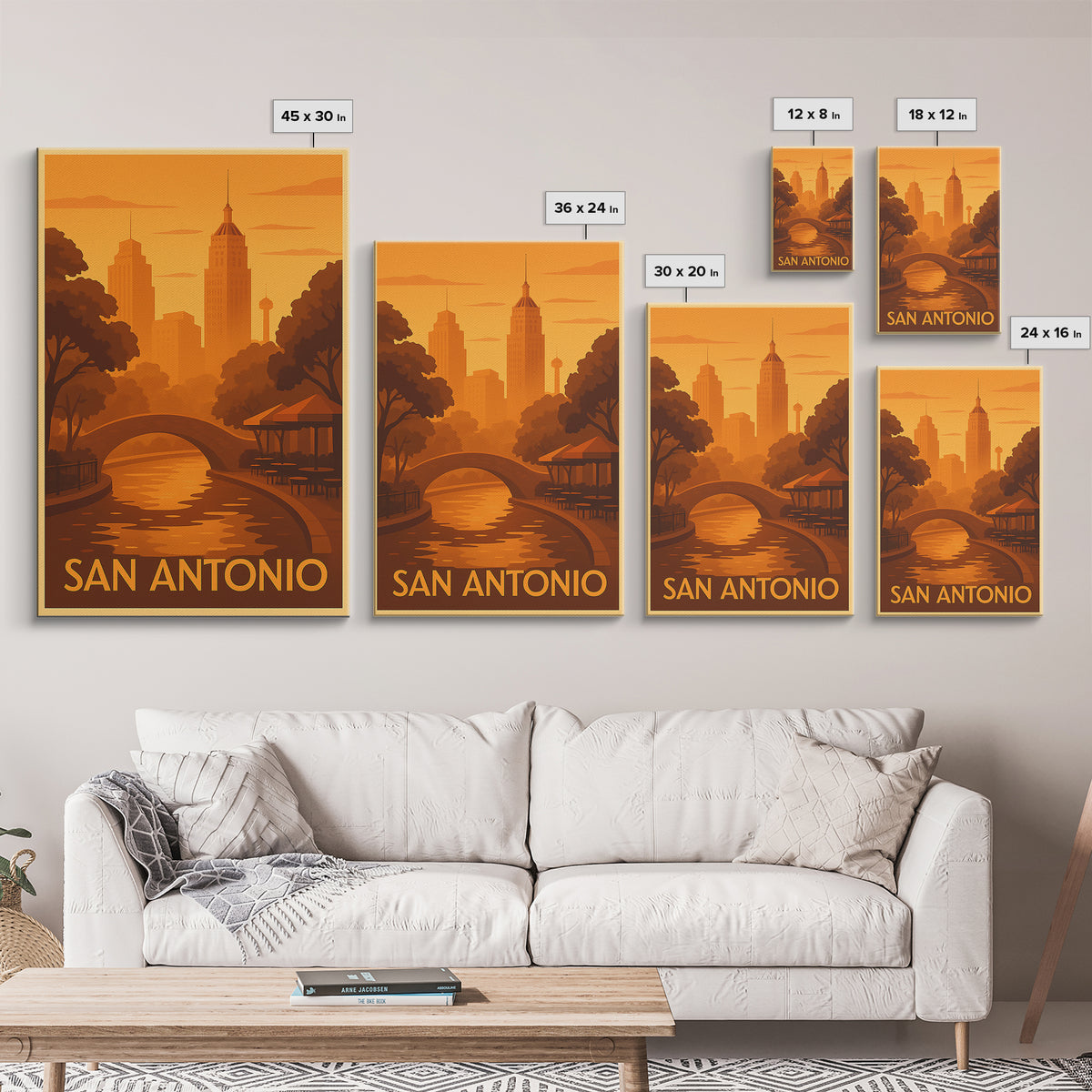 San Antonio Travel Poster, Canvas Print, Warm Sunset Silhouette Art, San Antonio Art Print, Modern Wall Decor, Travel Poster Set