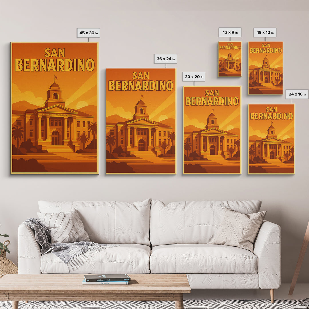 San Bernardino California Travel Poster, Canvas Print, Warm Sunset Silhouette Art, San Bernardino Wall Art, Vintage City Art