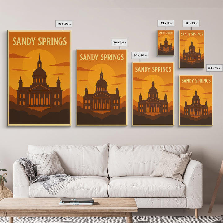 Sandy Springs Georgia Travel Poster, Canvas Print, Warm Sunset Silhouette Art, Sandy Springs Wall Art, Travel Poster Set, City Poster
