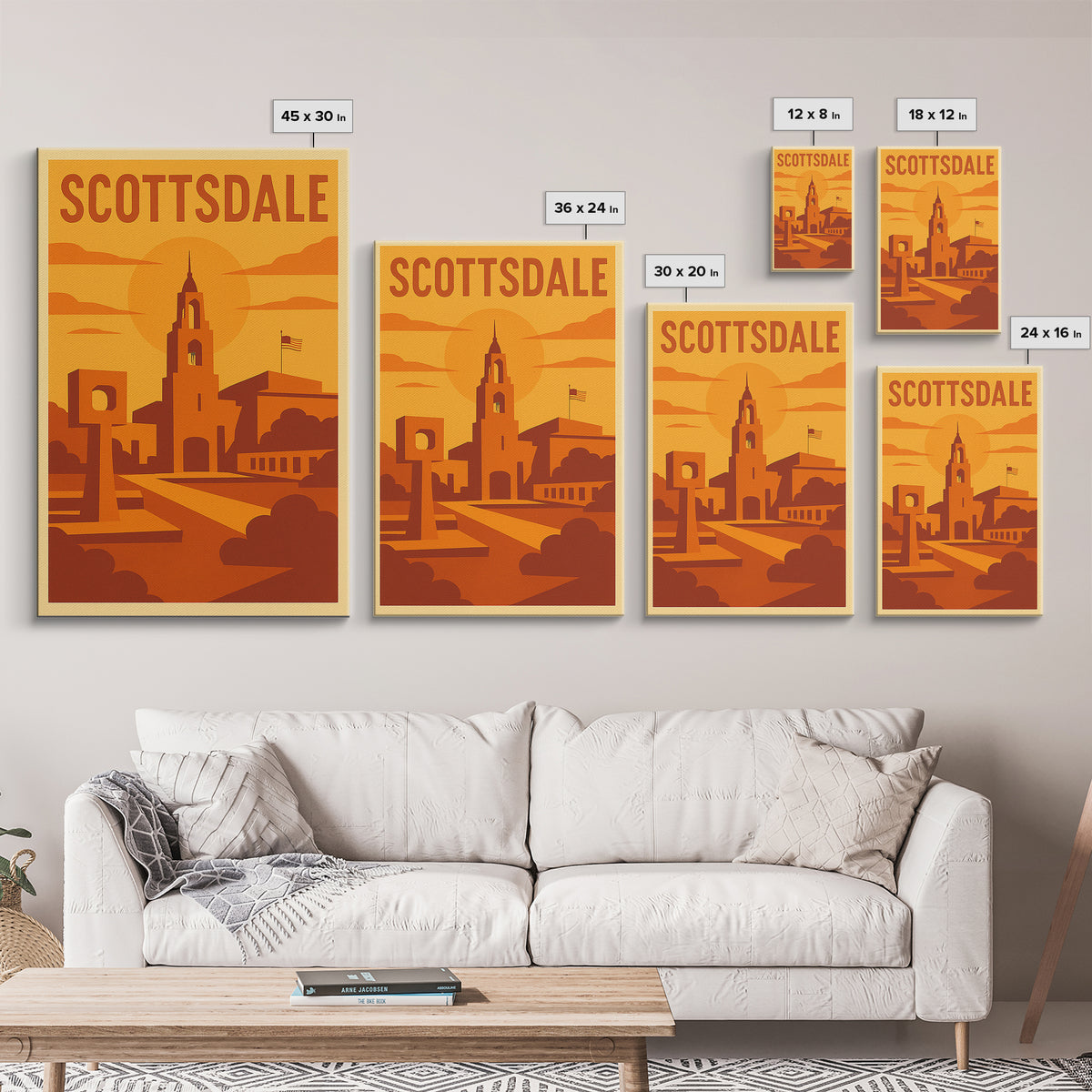 Scottsdale Arizona Travel Poster, Canvas Print, Warm Sunset Silhouette Art, Scottsdale Art Print, Mid Century Wall Art, Vintage Travel Print