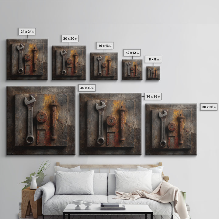Wrench and Bolts Arranged Like Old Master Canvas Print, Garage Art, Car Wall Art, Garage Decor, Motor, Fathers Day Art, GAR-1x1-18
