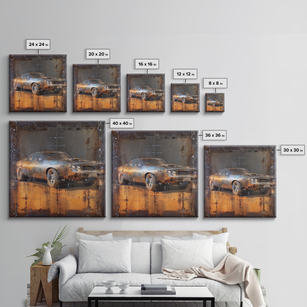 Desert Highway with Muscle Car Silhouette Framed Canvas Print, Garage Art, Garage Decor, Oil Painting, Motor, Art Print, GAR-1x1-21