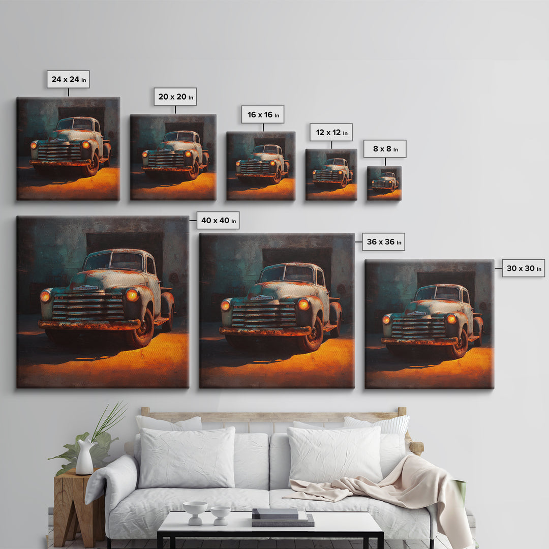 Pickup Truck in Dusty Sunset Light Framed Canvas Print, Garage Art, Tattoo Art, Garage Decor, Oil Painting, Motor, GAR-1x1-37