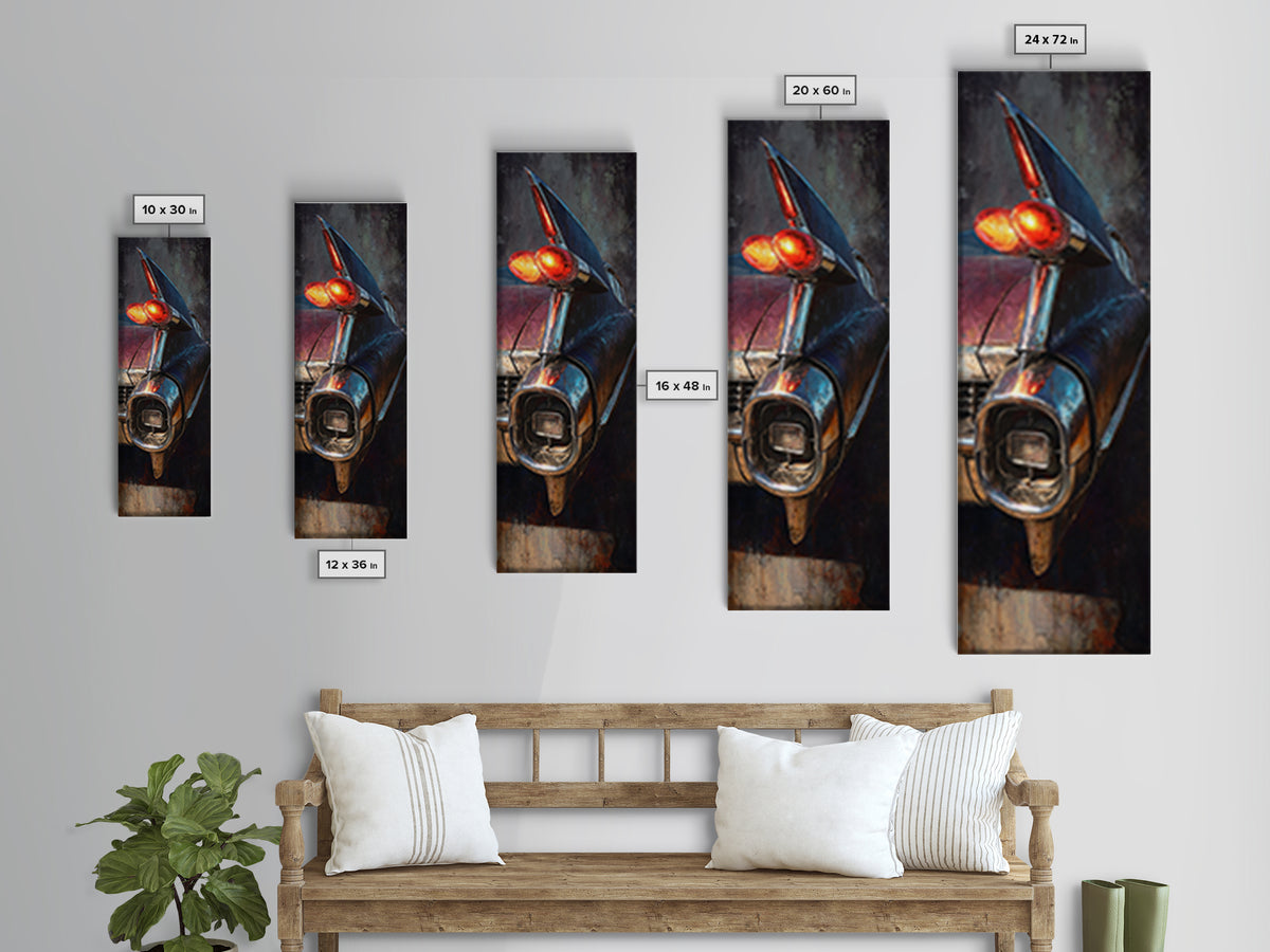 Classic Car Tail Lights Glowing at Dusk Framed Canvas Print, Garage Art, Home Decor, Garage Decor, Motor, Man Cave Decor, GAR-1x3-52