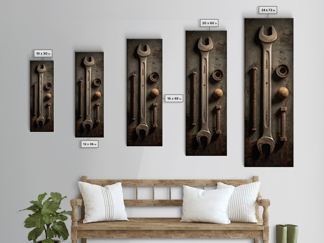 Wrench and Bolts Arranged Like Old Master Canvas Print, Garage Art, Tattoo Art, Garage Decor, Fine Art, Motor, Minimalist Decor, GAR-1x3-78