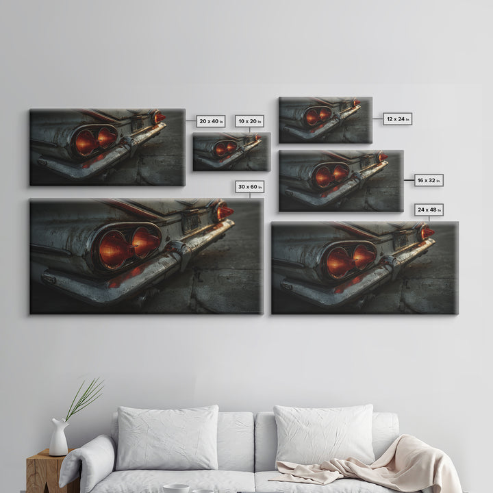Classic Car Tail Lights Glowing at Dusk Framed Canvas Print, Garage Art, Art Print, Garage Decor, Motor, Canvas Wall Art, GAR-2x1-12