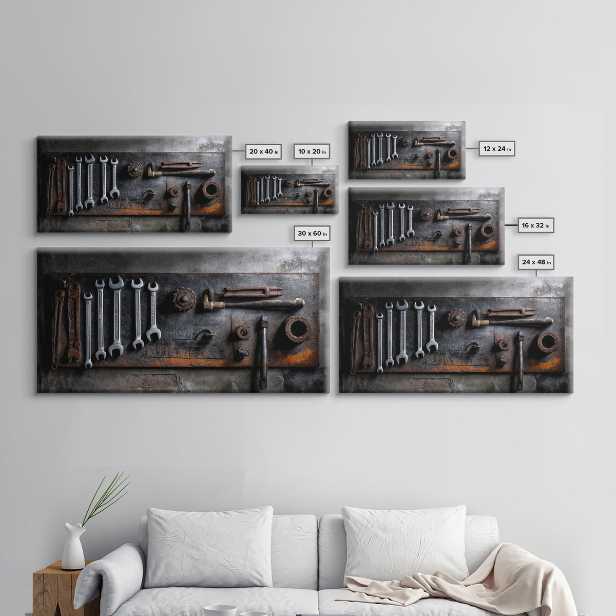 Garage Tool Silhouettes Arranged as Graphic Icons Framed Canvas Print, Garage Art, Art Print, Garage Decor, Fine Art, Motor, GAR-2x1-34