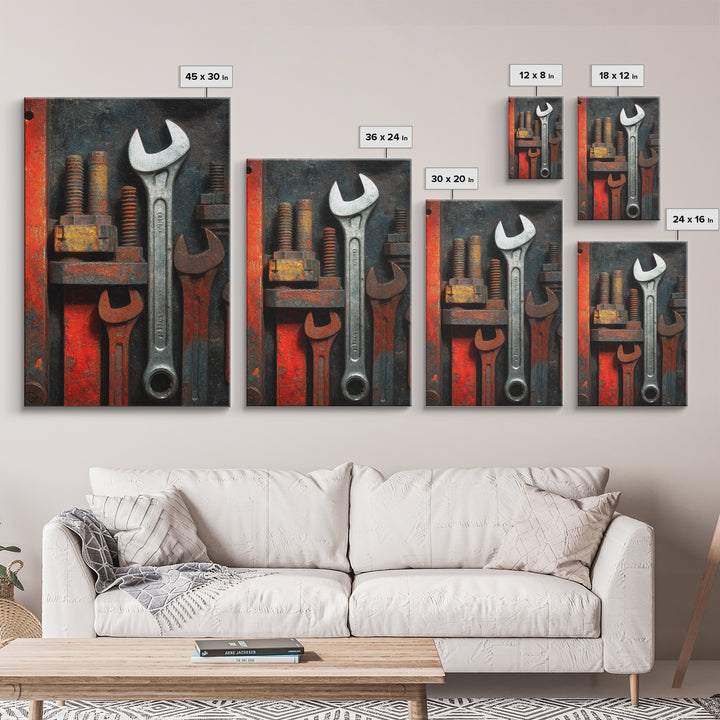 Wrench and Bolts Arranged Like Old Master Framed Canvas Print, Garage Art, Boho Decor, Garage Decor, Abstract Art, Motor, GAR-2x3-2