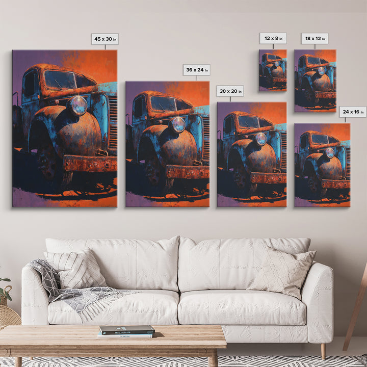 Pickup Truck in Dusty Sunset Light Framed Canvas Print, Garage Art, Metal Art, Garage Decor, Motor, Garage Art Poster Download, GAR-2x3-93