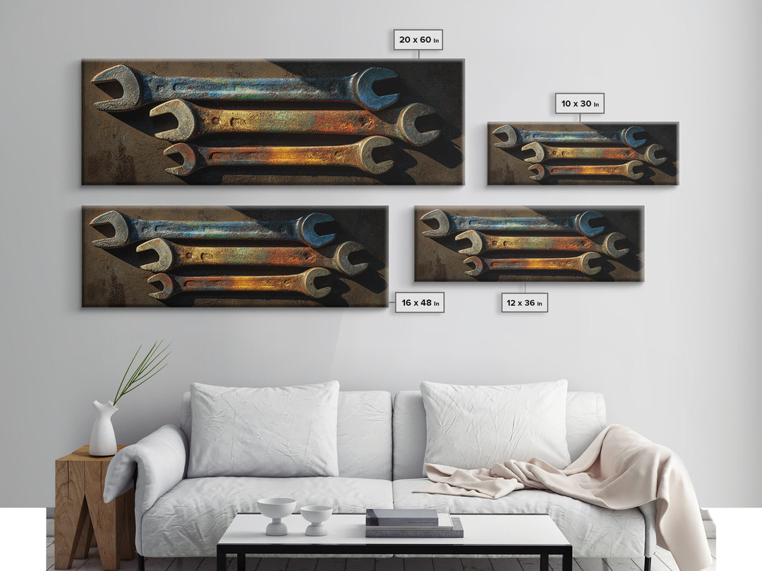 Wrench and Bolts Arranged Like Old Master Framed Canvas Print, Garage Art, Home Decor, Garage Decor, Fine Art, Motor, GAR-3x1-10