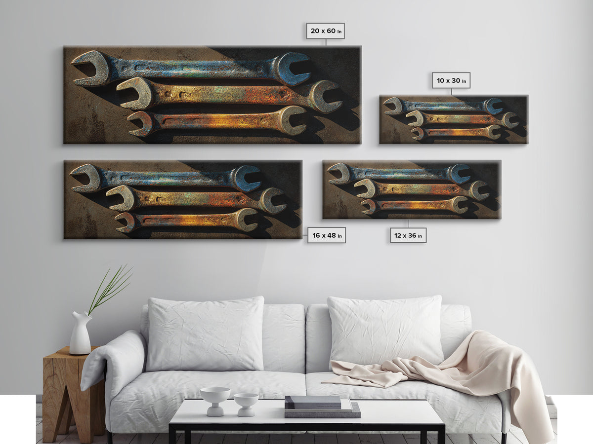 Wrench and Bolts Arranged Like Old Master Framed Canvas Print, Garage Art, Home Decor, Garage Decor, Fine Art, Motor, GAR-3x1-10
