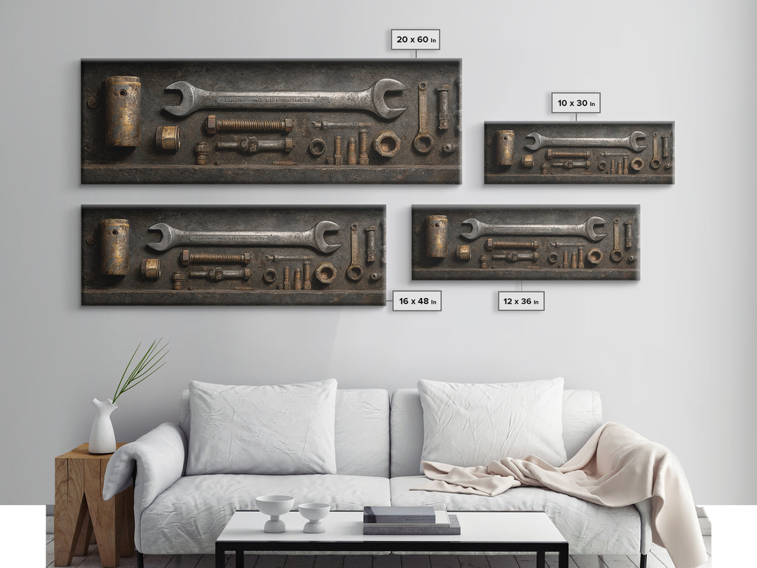 Wrench and Bolts Arranged Like Old Master Canvas Print, Garage Art, Canvas Wall Art, Garage Decor, Abstract Art, Motor, GAR-3x1-34
