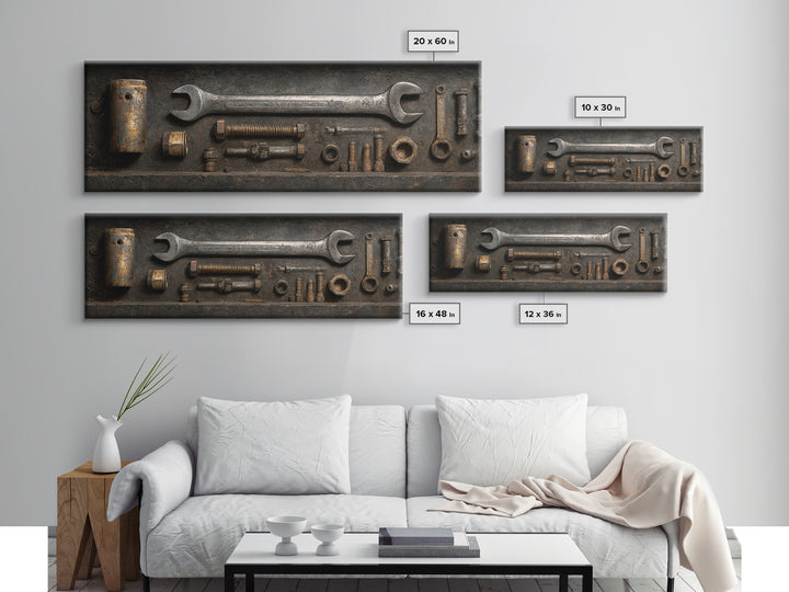 Wrench and Bolts Arranged Like Old Master Canvas Print, Garage Art, Canvas Wall Art, Garage Decor, Abstract Art, Motor, GAR-3x1-34